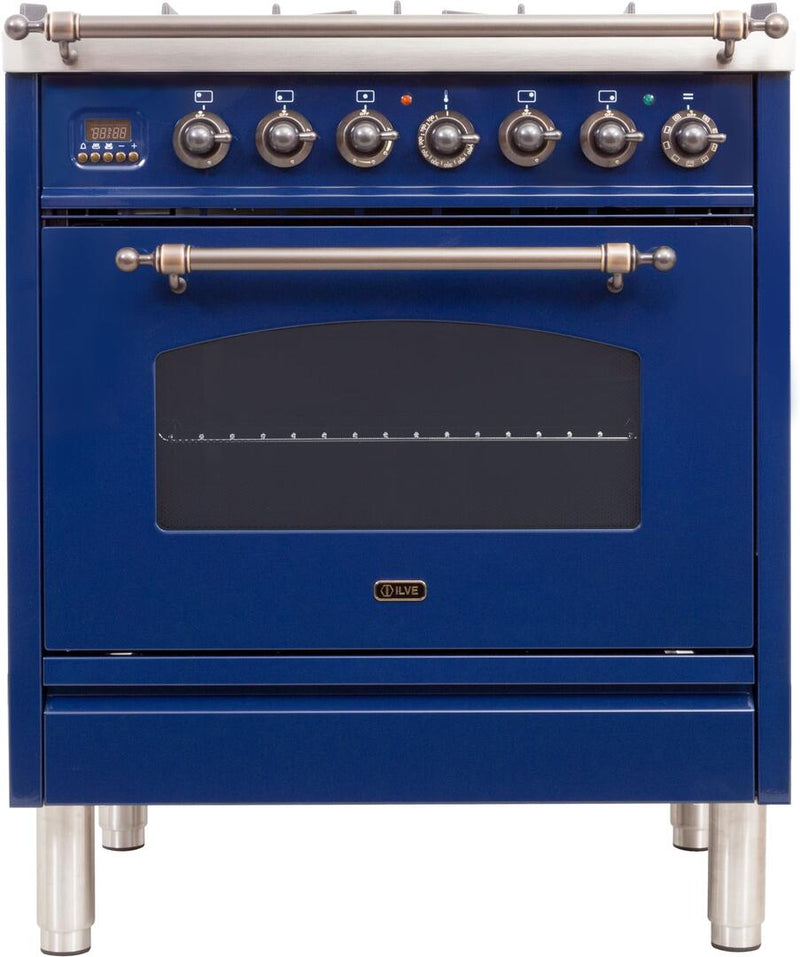 ILVE 30" Nostalgie - Dual Fuel Range with 5 Sealed Burners - 3 cu. ft. Oven - Bronze Trim in Blue (UPN76DMPBLY)