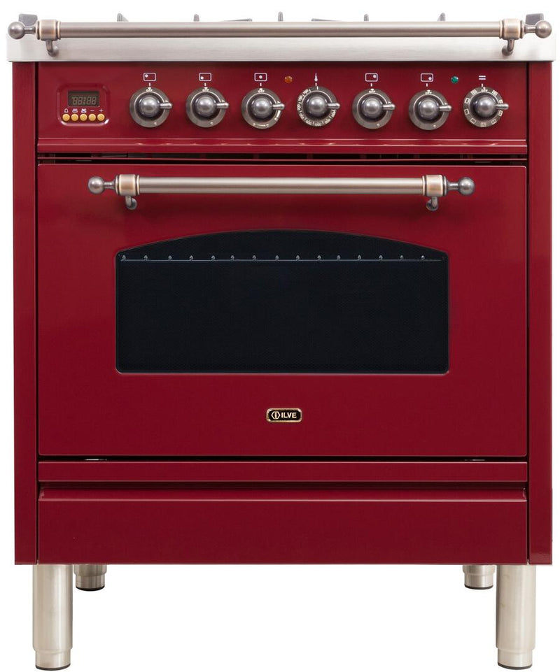 ILVE 30" Nostalgie - Dual Fuel Range with 5 Sealed Burners - 3 cu. ft. Oven - Bronze Trim in Burgundy (UPN76DMPRBY)