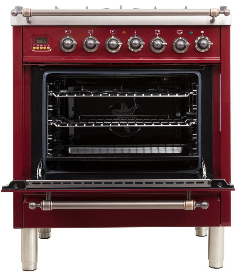 ILVE 30" Nostalgie - Dual Fuel Range with 5 Sealed Burners - 3 cu. ft. Oven - Bronze Trim in Burgundy (UPN76DMPRBY)