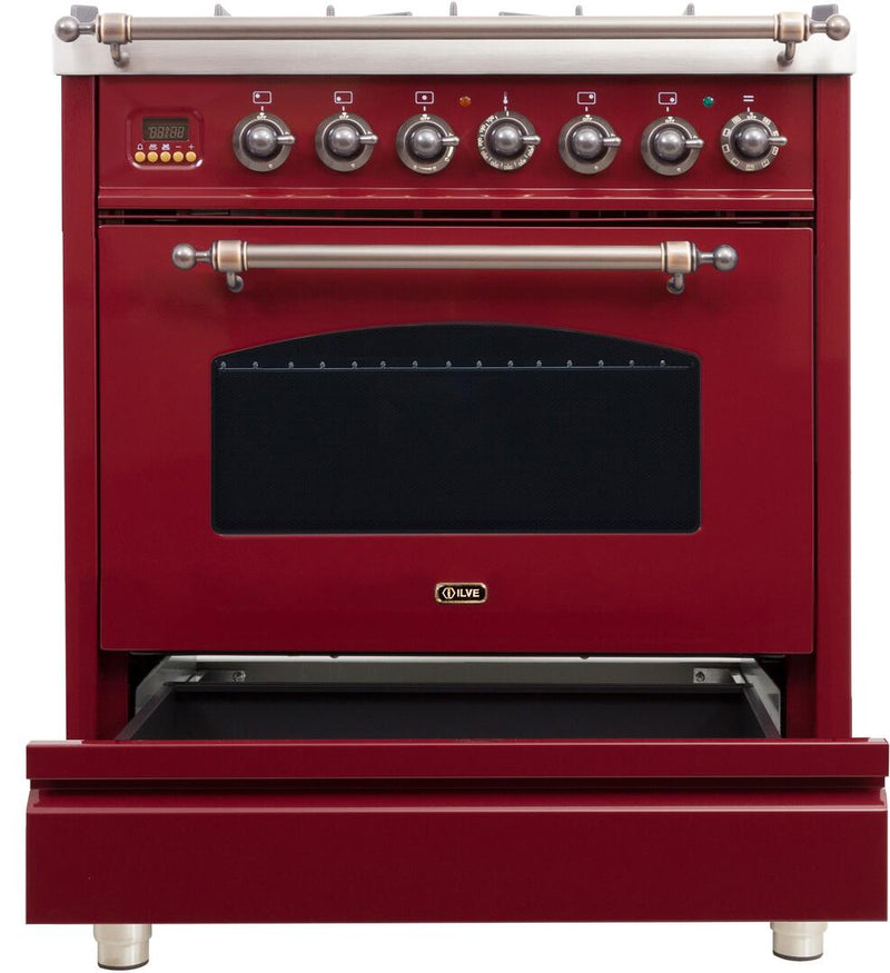 ILVE 30" Nostalgie - Dual Fuel Range with 5 Sealed Burners - 3 cu. ft. Oven - Bronze Trim in Burgundy (UPN76DMPRBY)