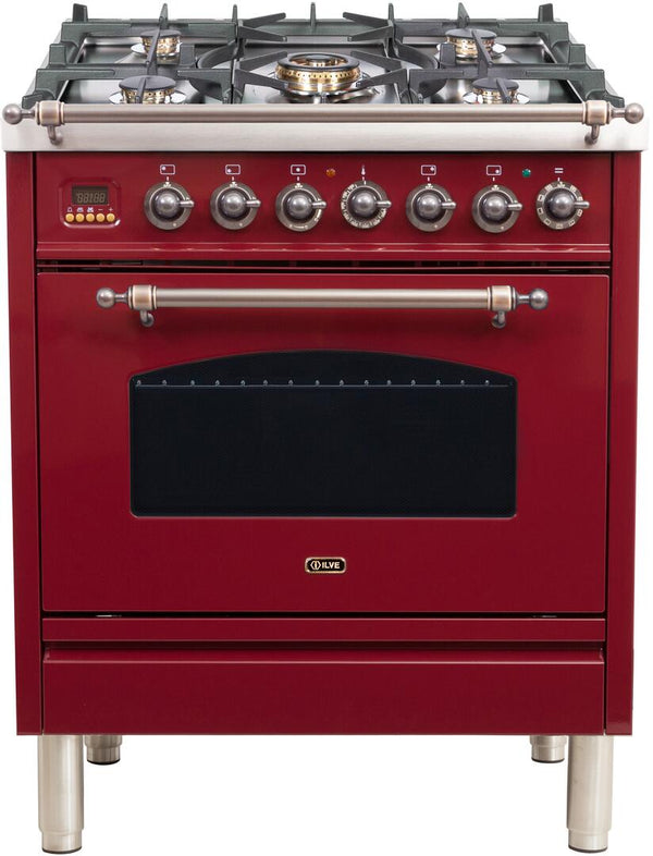 ILVE 30" Nostalgie - Dual Fuel Range with 5 Sealed Burners - 3 cu. ft. Oven - Bronze Trim in Burgundy (UPN76DMPRBY)