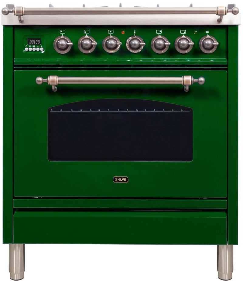 ILVE 30" Nostalgie - Dual Fuel Range with 5 Sealed Burners - 3 cu. ft. Oven - Bronze Trim in Emerald Green (UPN76DMPVSY)