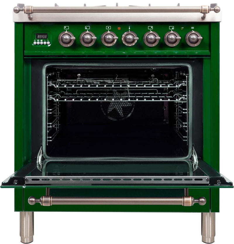 ILVE 30" Nostalgie - Dual Fuel Range with 5 Sealed Burners - 3 cu. ft. Oven - Bronze Trim in Emerald Green (UPN76DMPVSY)