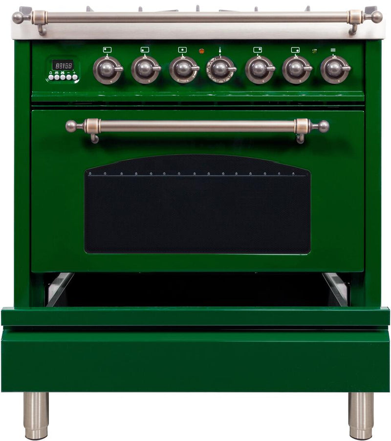 ILVE 30" Nostalgie - Dual Fuel Range with 5 Sealed Burners - 3 cu. ft. Oven - Bronze Trim in Emerald Green (UPN76DMPVSY)