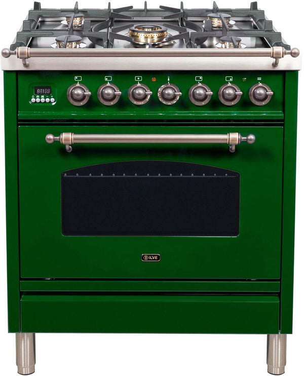 ILVE 30" Nostalgie - Dual Fuel Range with 5 Sealed Burners - 3 cu. ft. Oven - Bronze Trim in Emerald Green (UPN76DMPVSY)