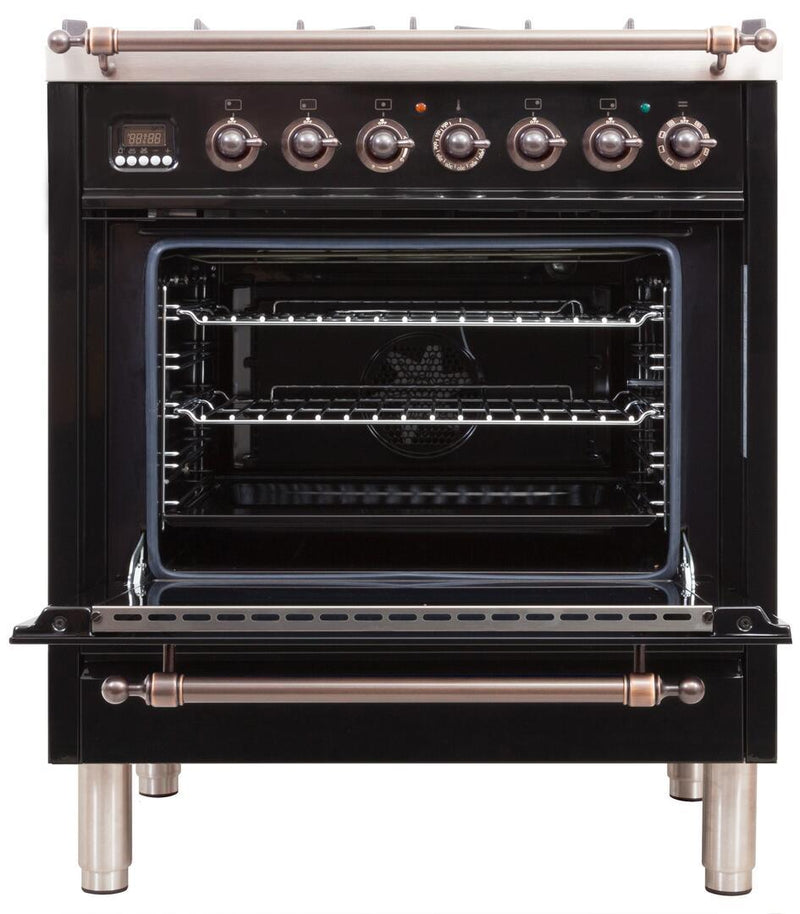 ILVE 30" Nostalgie - Dual Fuel Range with 5 Sealed Burners - 3 cu. ft. Oven - Bronze Trim in Glossy Black (UPN76DMPNY)