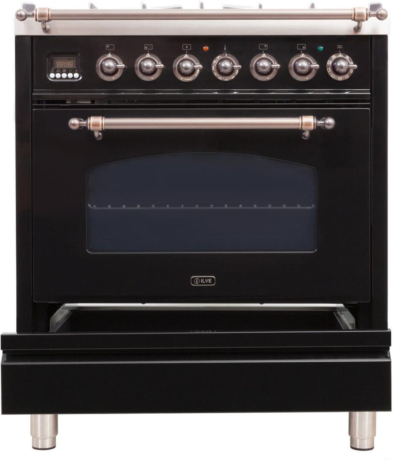 ILVE 30" Nostalgie - Dual Fuel Range with 5 Sealed Burners - 3 cu. ft. Oven - Bronze Trim in Glossy Black (UPN76DMPNY)