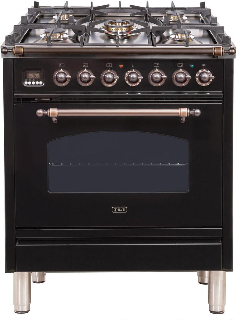 ILVE 30" Nostalgie - Dual Fuel Range with 5 Sealed Burners - 3 cu. ft. Oven - Bronze Trim in Glossy Black (UPN76DMPNY)