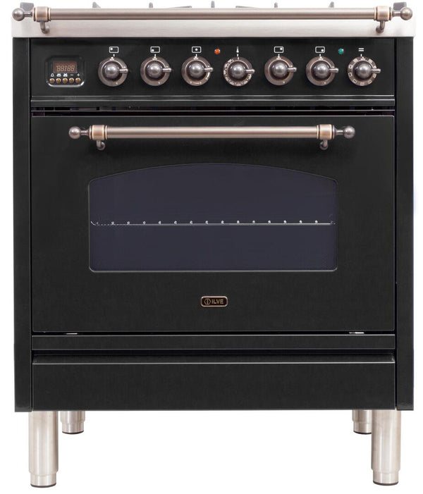 ILVE 30" Nostalgie - Dual Fuel Range with 5 Sealed Burners - 3 cu. ft. Oven - Bronze Trim in Matte Graphite (UPN76DMPMY)