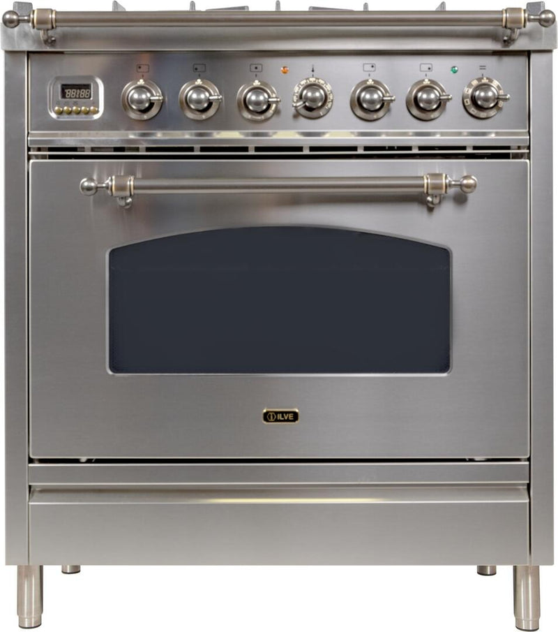 ILVE 30" Nostalgie - Dual Fuel Range with 5 Sealed Burners - 3 cu. ft. Oven - Bronze Trim in Stainless Steel (UPN76DMPIY)