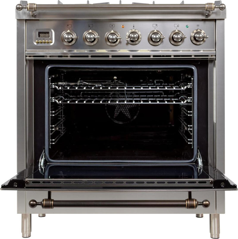 ILVE 30" Nostalgie - Dual Fuel Range with 5 Sealed Burners - 3 cu. ft. Oven - Bronze Trim in Stainless Steel (UPN76DMPIY)