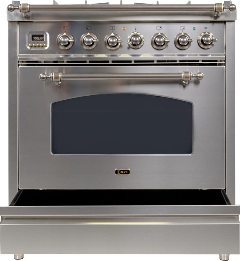 ILVE 30" Nostalgie - Dual Fuel Range with 5 Sealed Burners - 3 cu. ft. Oven - Bronze Trim in Stainless Steel (UPN76DMPIY)