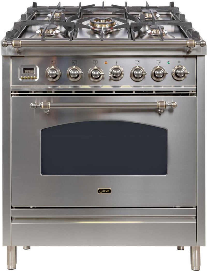 ILVE 30" Nostalgie - Dual Fuel Range with 5 Sealed Burners - 3 cu. ft. Oven - Bronze Trim in Stainless Steel (UPN76DMPIY)