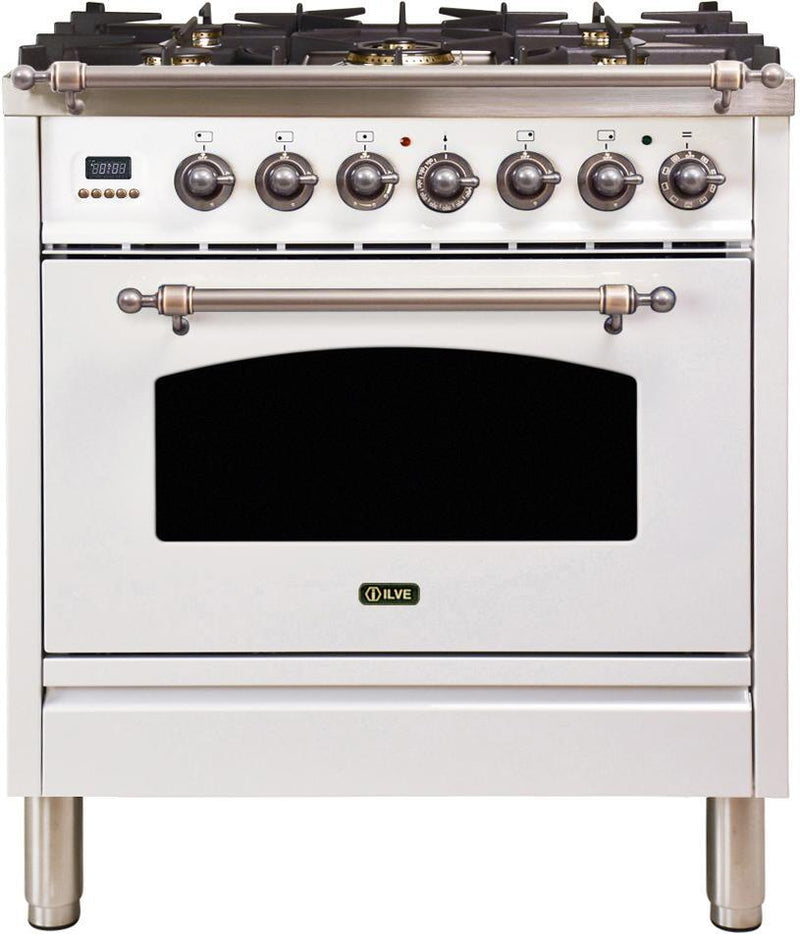 ILVE 30" Nostalgie - Dual Fuel Range with 5 Sealed Burners - 3 cu. ft. Oven - Bronze Trim in White (UPN76DMPBY)