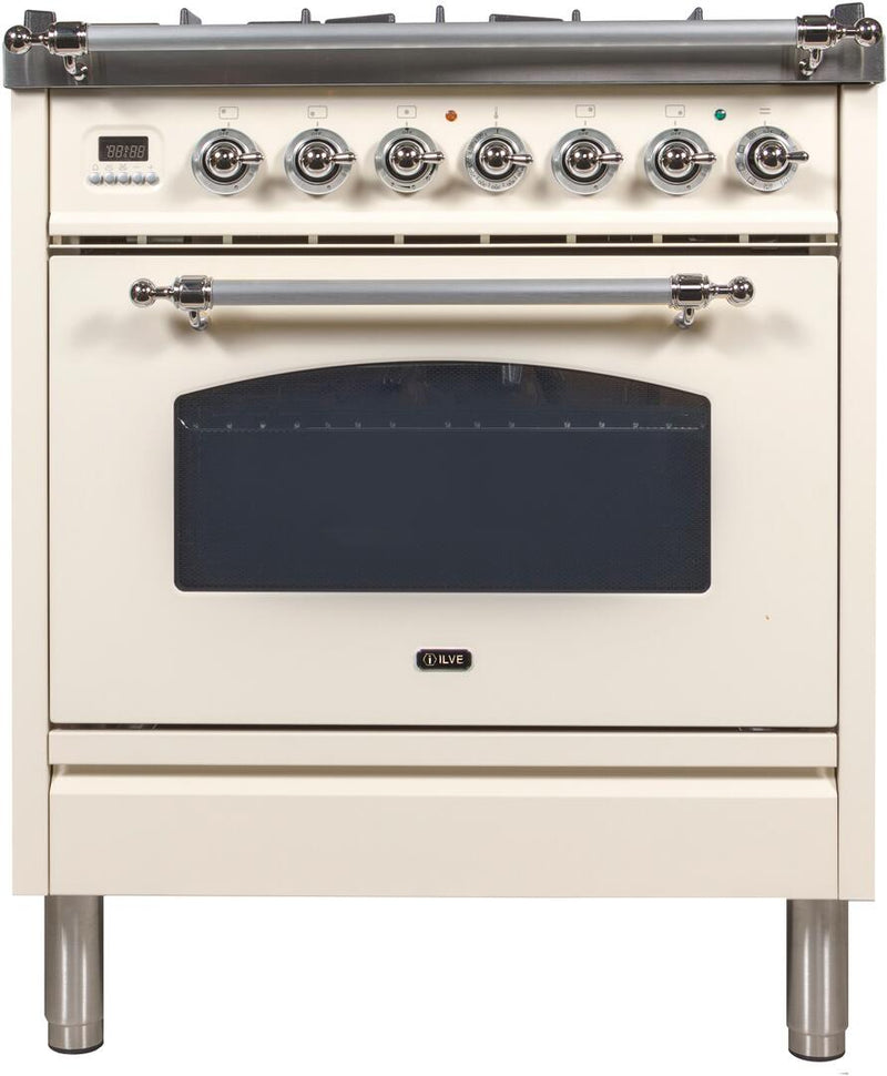 ILVE 30" Nostalgie - Dual Fuel Range with 5 Sealed Burners - 3 cu. ft. Oven - Chrome Trim in Antique White (UPN76DMPAX)