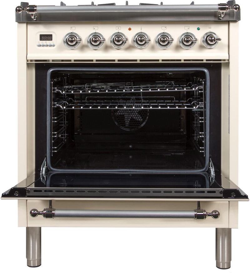 ILVE 30" Nostalgie - Dual Fuel Range with 5 Sealed Burners - 3 cu. ft. Oven - Chrome Trim in Antique White (UPN76DMPAX)