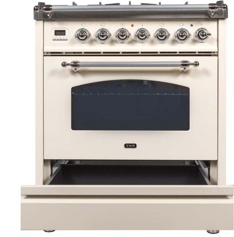 ILVE 30" Nostalgie - Dual Fuel Range with 5 Sealed Burners - 3 cu. ft. Oven - Chrome Trim in Antique White (UPN76DMPAX)