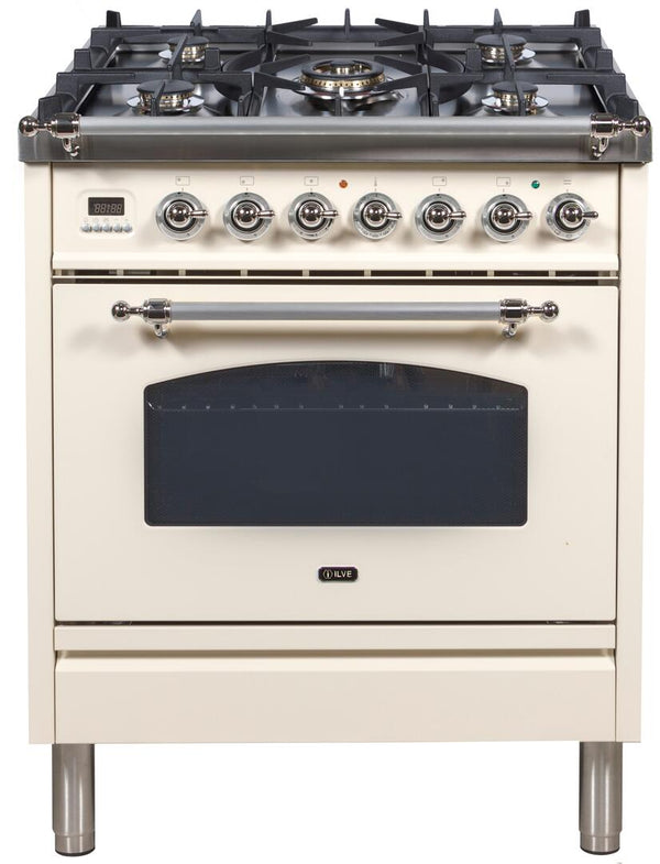 ILVE 30" Nostalgie - Dual Fuel Range with 5 Sealed Burners - 3 cu. ft. Oven - Chrome Trim in Antique White (UPN76DMPAX)