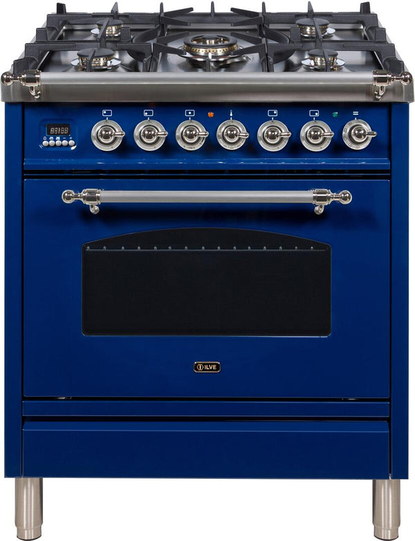 ILVE 30" Nostalgie - Dual Fuel Range with 5 Sealed Burners - 3 cu. ft. Oven - Chrome Trim in Blue (UPN76DMPBLX)