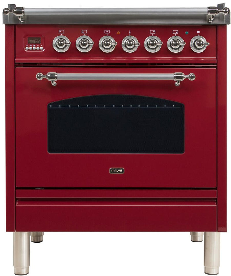 ILVE 30" Nostalgie - Dual Fuel Range with 5 Sealed Burners - 3 cu. ft. Oven - Chrome Trim in Burgundy (UPN76DMPRBX)