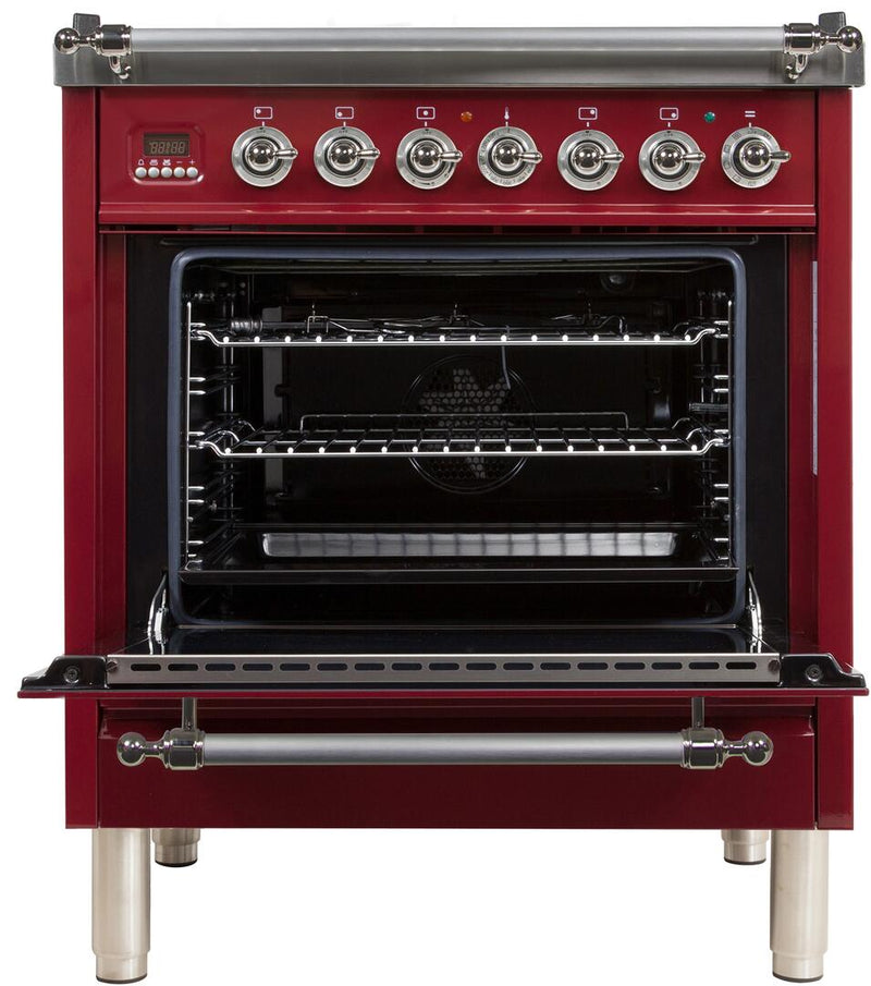 ILVE 30" Nostalgie - Dual Fuel Range with 5 Sealed Burners - 3 cu. ft. Oven - Chrome Trim in Burgundy (UPN76DMPRBX)