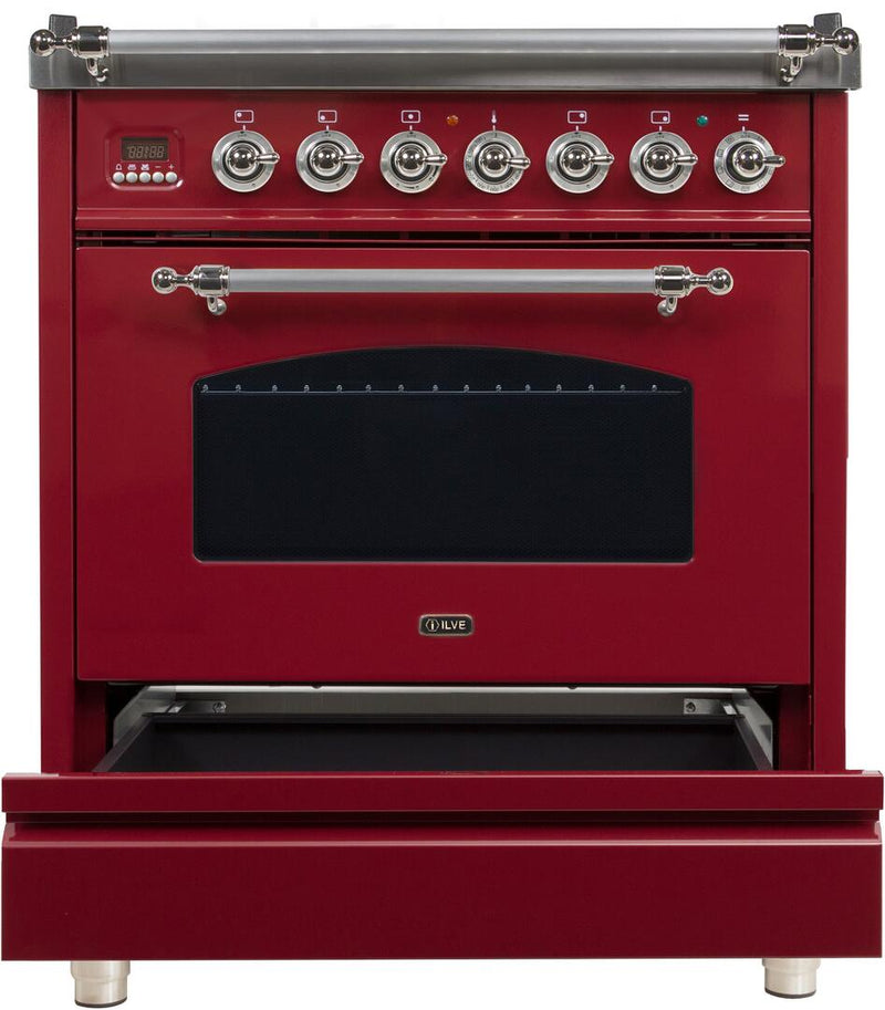 ILVE 30" Nostalgie - Dual Fuel Range with 5 Sealed Burners - 3 cu. ft. Oven - Chrome Trim in Burgundy (UPN76DMPRBX)