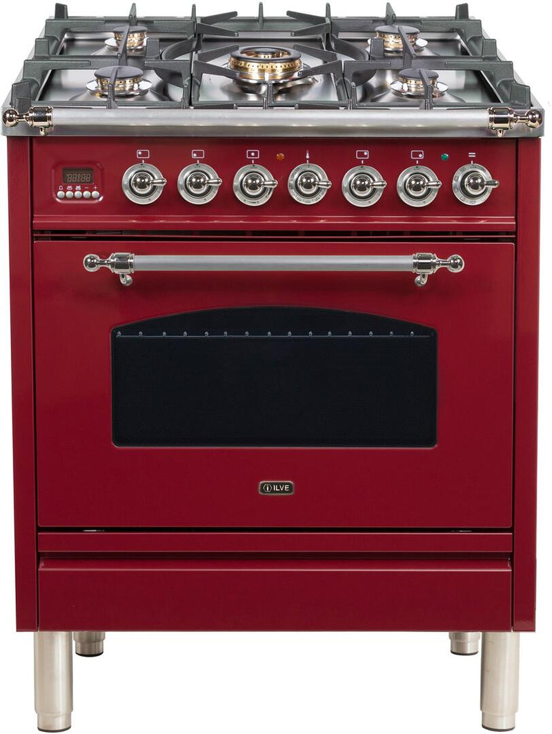 ILVE 30" Nostalgie - Dual Fuel Range with 5 Sealed Burners - 3 cu. ft. Oven - Chrome Trim in Burgundy (UPN76DMPRBX)