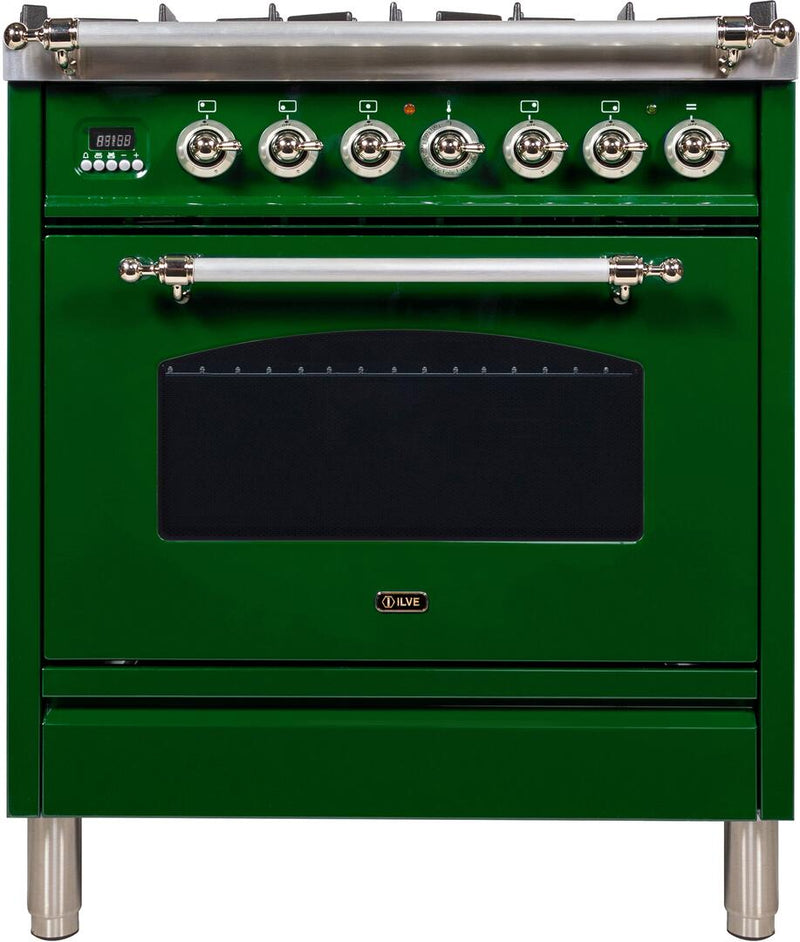 ILVE 30" Nostalgie - Dual Fuel Range with 5 Sealed Burners - 3 cu. ft. Oven - Chrome Trim in Emerald Green (UPN76DMPVSX)