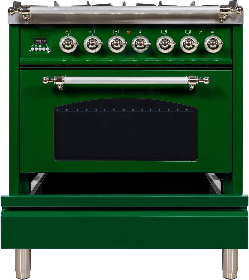 ILVE 30" Nostalgie - Dual Fuel Range with 5 Sealed Burners - 3 cu. ft. Oven - Chrome Trim in Emerald Green (UPN76DMPVSX)