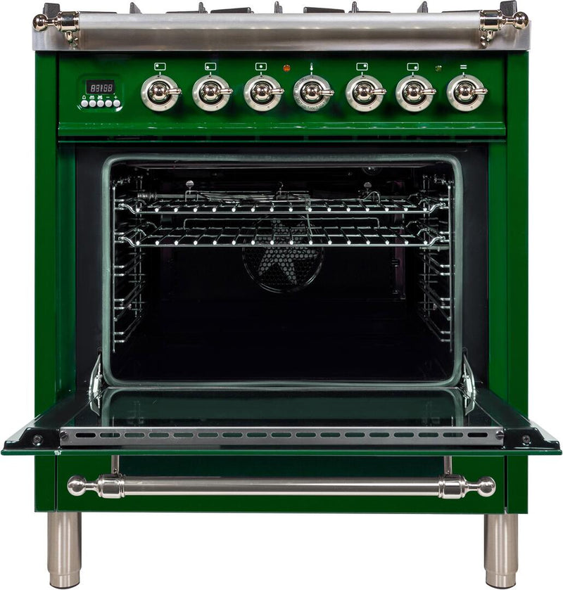 ILVE 30" Nostalgie - Dual Fuel Range with 5 Sealed Burners - 3 cu. ft. Oven - Chrome Trim in Emerald Green (UPN76DMPVSX)