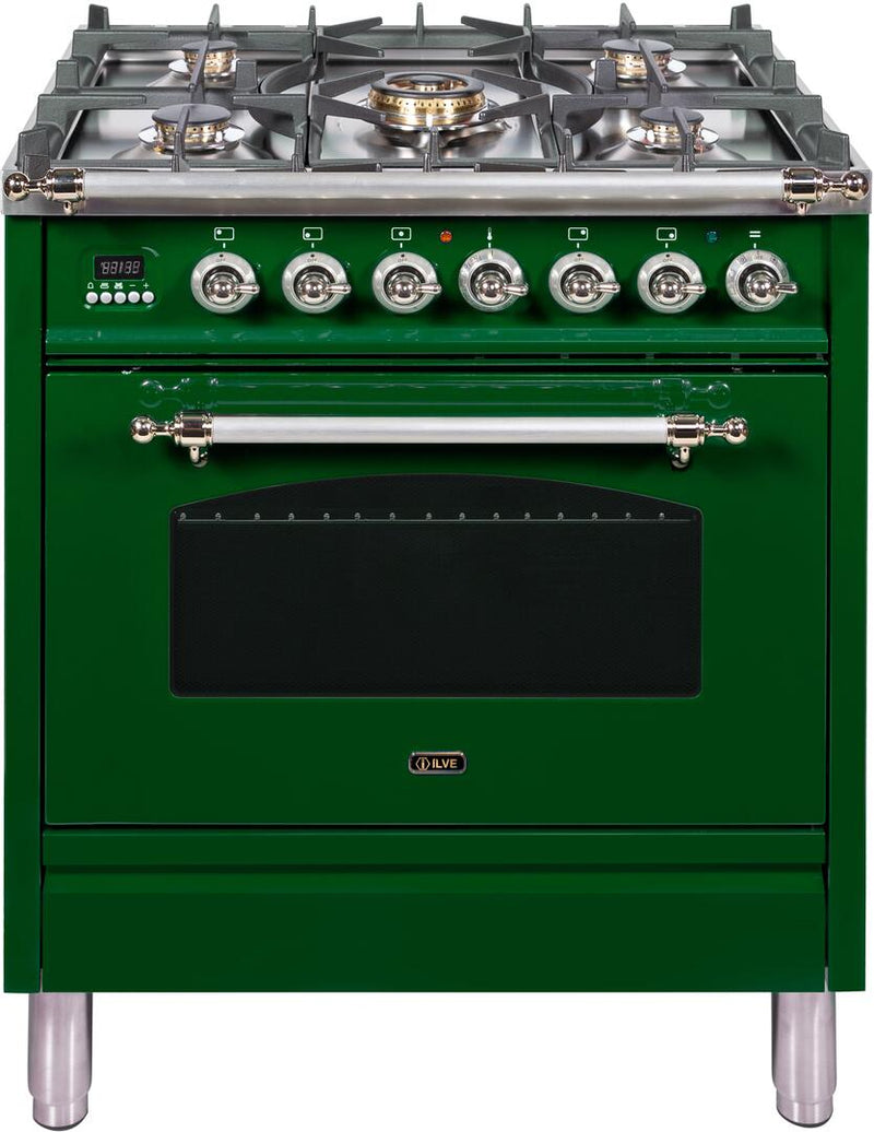 ILVE 30" Nostalgie - Dual Fuel Range with 5 Sealed Burners - 3 cu. ft. Oven - Chrome Trim in Emerald Green (UPN76DMPVSX)