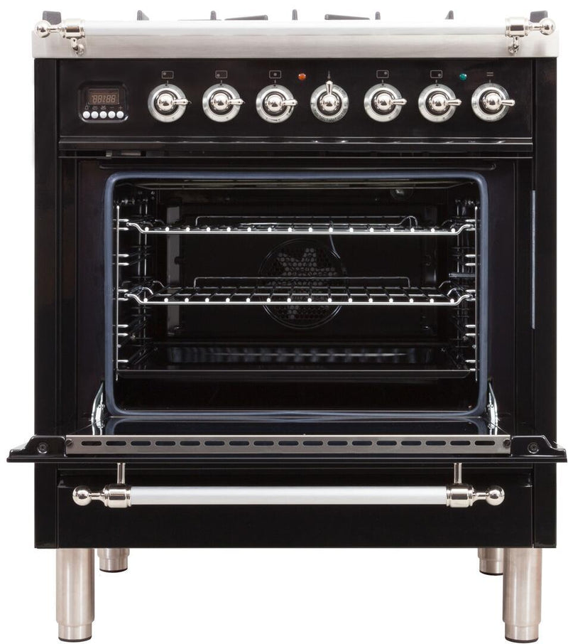 ILVE 30" Nostalgie - Dual Fuel Range with 5 Sealed Burners - 3 cu. ft. Oven - Chrome Trim in Glossy Black (UPN76DMPNX)