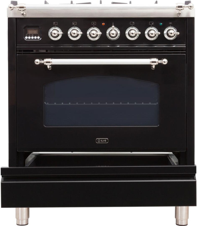 ILVE 30" Nostalgie - Dual Fuel Range with 5 Sealed Burners - 3 cu. ft. Oven - Chrome Trim in Glossy Black (UPN76DMPNX)