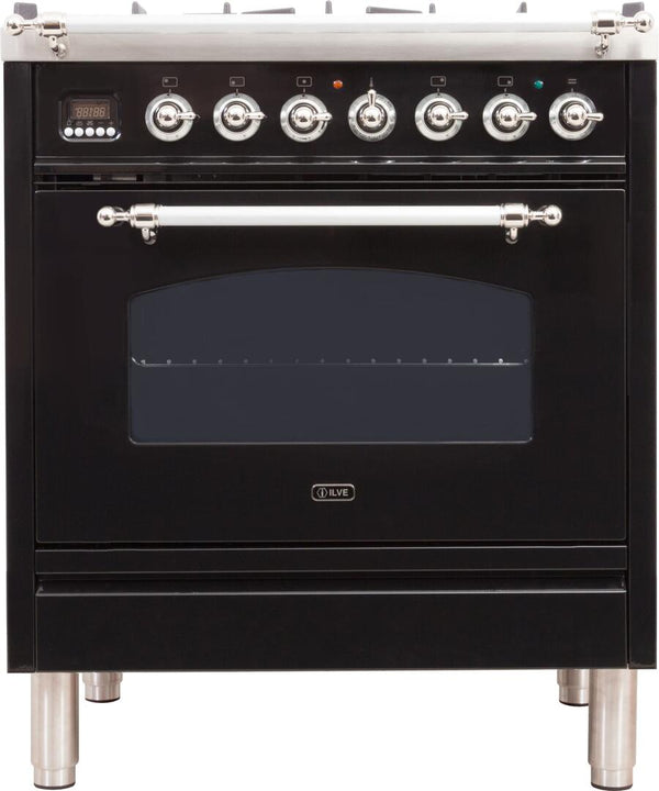 ILVE 30" Nostalgie - Dual Fuel Range with 5 Sealed Burners - 3 cu. ft. Oven - Chrome Trim in Glossy Black (UPN76DMPNX)