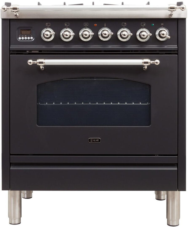 ILVE 30" Nostalgie - Dual Fuel Range with 5 Sealed Burners - 3 cu. ft. Oven - Chrome Trim in Matte Graphite (UPN76DMPMX)