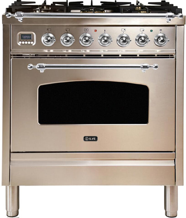 ILVE 30" Nostalgie - Dual Fuel Range with 5 Sealed Burners - 3 cu. ft. Oven - Chrome Trim in Stainless Steel (UPN76DMPIX)