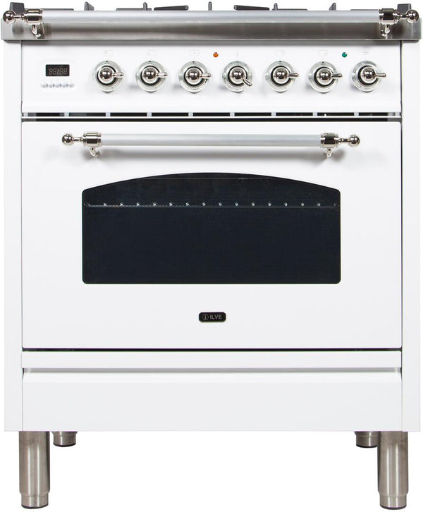 ILVE 30" Nostalgie - Dual Fuel Range with 5 Sealed Burners - 3 cu. ft. Oven - Chrome Trim in White (UPN76DMPBX)