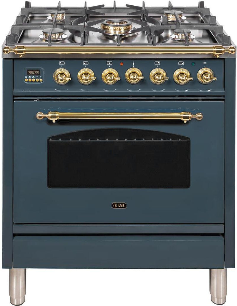 ILVE 30" Nostalgie - Dual Fuel Range with 5 Sealed Burners - 3 cu. ft. Oven - in Blue Grey with Brass Trim (UPN76DMPGU)