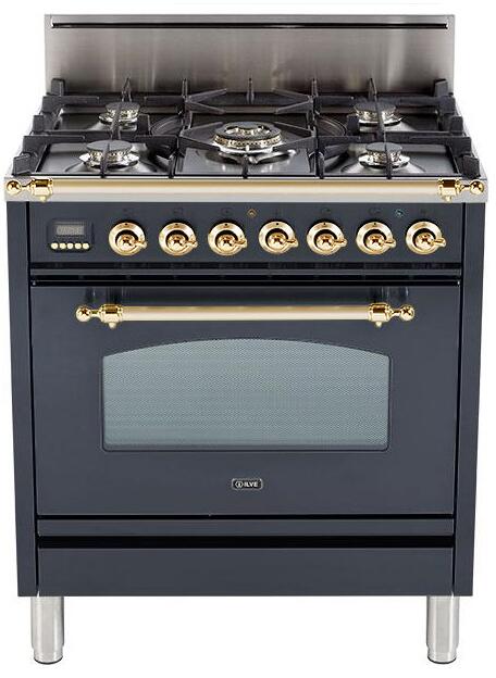 ILVE 30" Nostalgie Gas Range - Digital Clock - Brass Trim & In Matte Graphite (UPN76DVGGM)