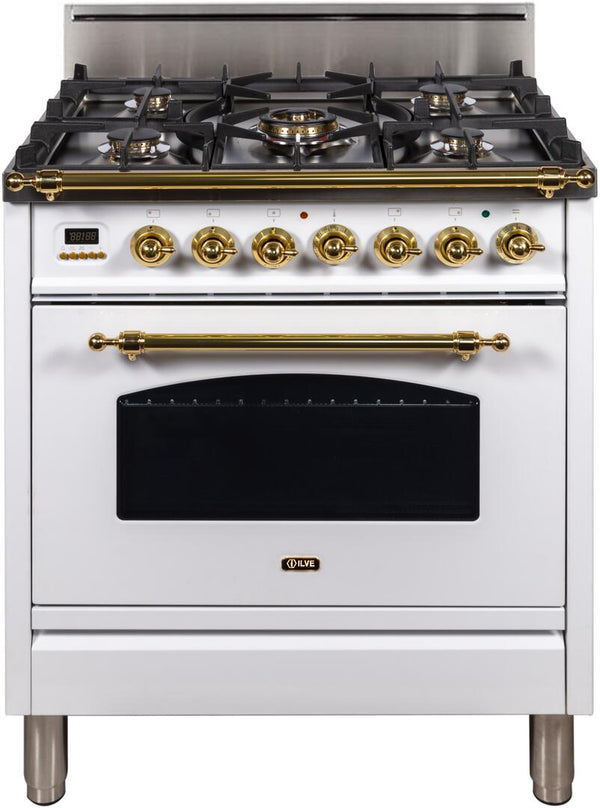 ILVE 30" Nostalgie Gas Range with 5 Burners - 3 cu. ft. Oven - Brass Trim - Antique White (UPN76DVGGA)