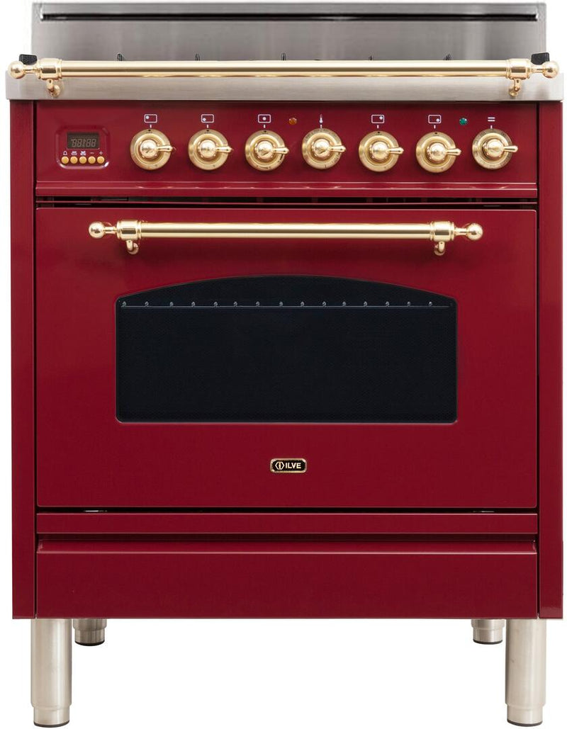 ILVE 30" Nostalgie Gas Range with 5 Burners - 3 cu. ft. Oven - Brass Trim - Burgundy (UPN76DVGGRB)