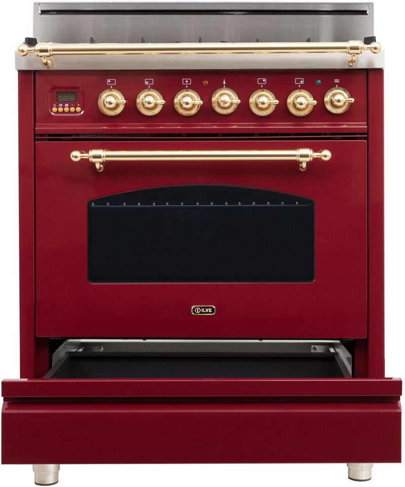 ILVE 30" Nostalgie Gas Range with 5 Burners - 3 cu. ft. Oven - Brass Trim - Burgundy (UPN76DVGGRB)