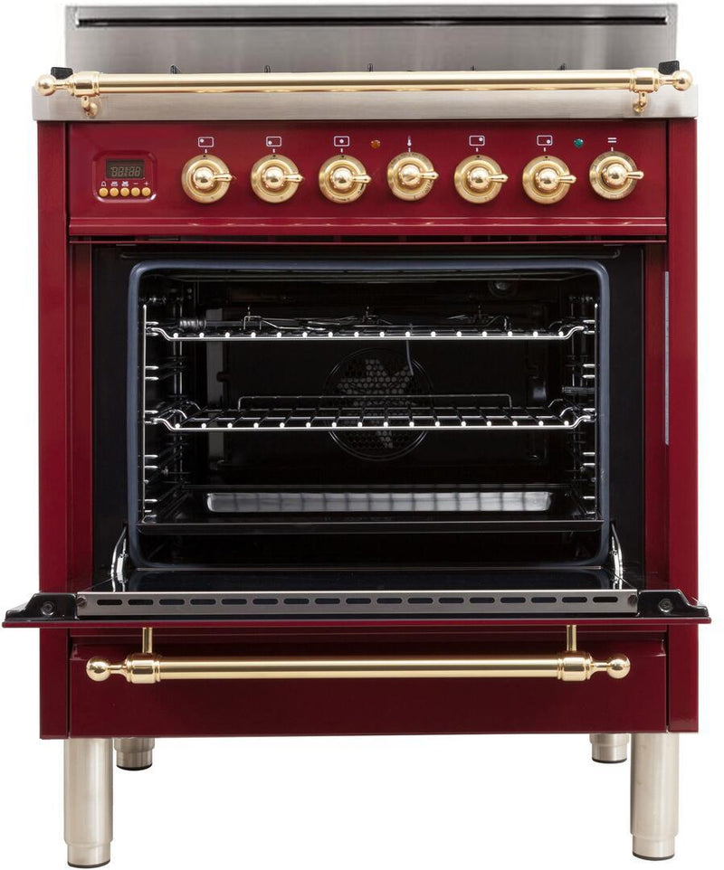 ILVE 30" Nostalgie Gas Range with 5 Burners - 3 cu. ft. Oven - Brass Trim - Burgundy (UPN76DVGGRB)