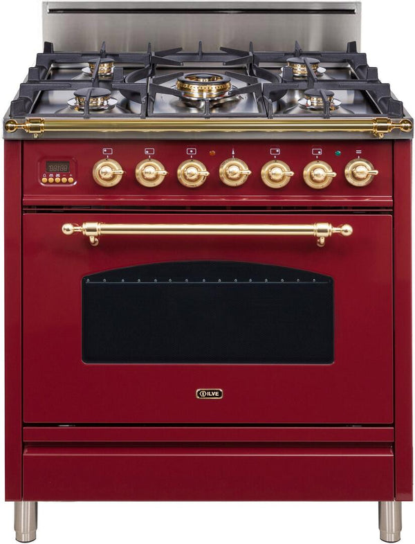 ILVE 30" Nostalgie Gas Range with 5 Burners - 3 cu. ft. Oven - Brass Trim - Burgundy (UPN76DVGGRB)