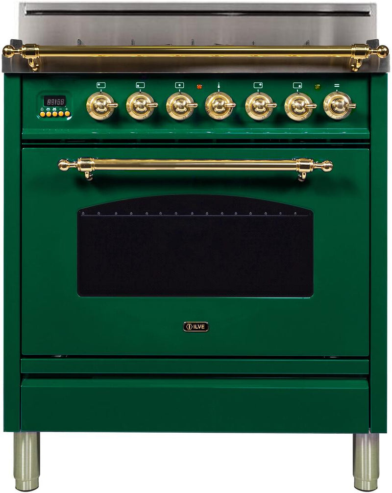 ILVE 30" Nostalgie Gas Range with 5 Burners - 3 cu. ft. Oven - Brass Trim - Emerald Green (UPN76DVGGVS)