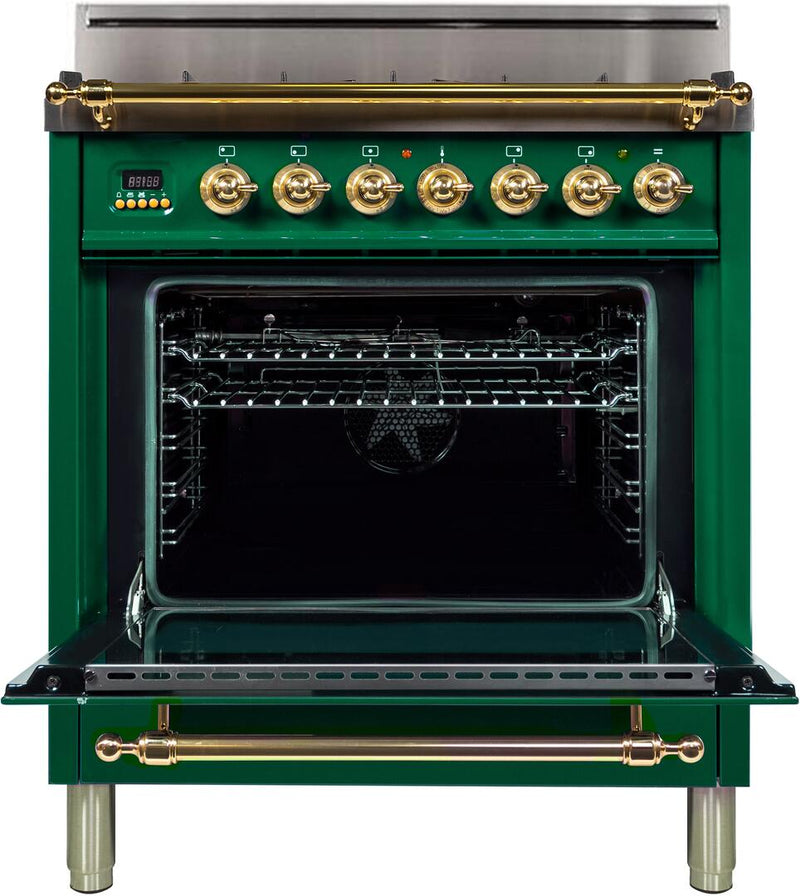 ILVE 30" Nostalgie Gas Range with 5 Burners - 3 cu. ft. Oven - Brass Trim - Emerald Green (UPN76DVGGVS)