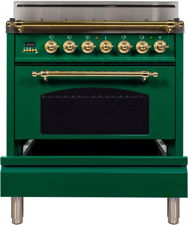 ILVE 30" Nostalgie Gas Range with 5 Burners - 3 cu. ft. Oven - Brass Trim - Emerald Green (UPN76DVGGVS)