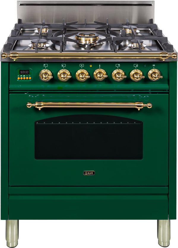 ILVE 30" Nostalgie Gas Range with 5 Burners - 3 cu. ft. Oven - Brass Trim - Emerald Green (UPN76DVGGVS)