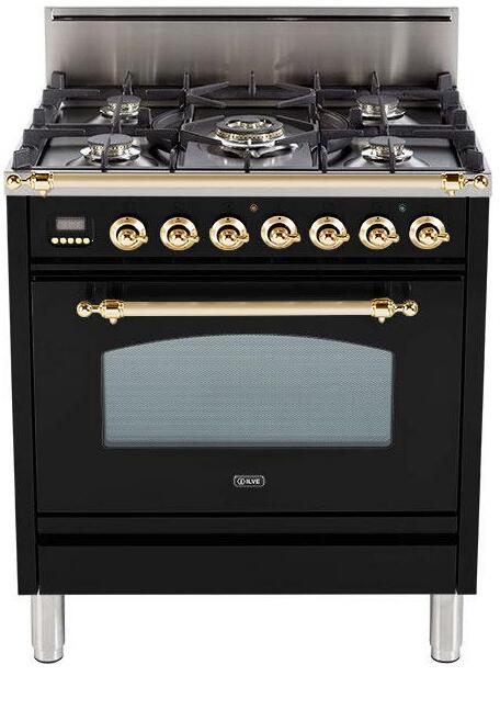 ILVE 30" Nostalgie Gas Range with 5 Burners - 3 cu. ft. Oven - Brass Trim - Gloss Black (UPN76DVGGN)