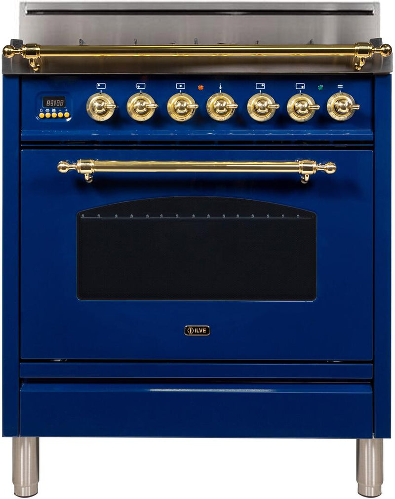 ILVE 30" Nostalgie Gas Range with 5 Burners - 3 cu. ft. Oven - Brass Trim - Midnight Blue (UPN76DVGGBL)